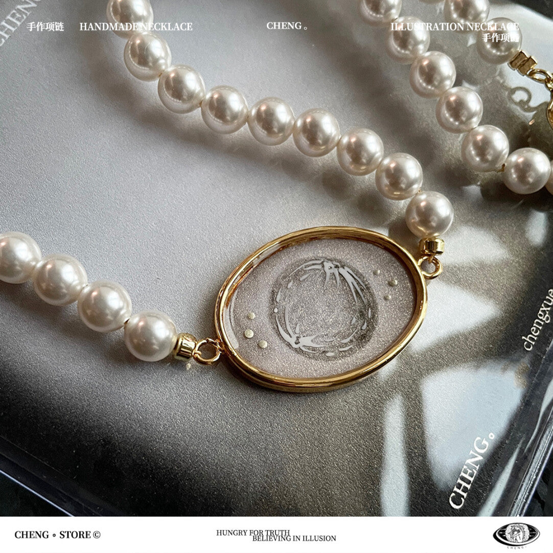 Handmade Ink Painting Elements Pearl Choker