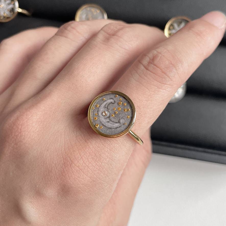 Handmade Ink Painting Elements  Ring,Golden Moonlight (Titanium Steel),Lumivault.