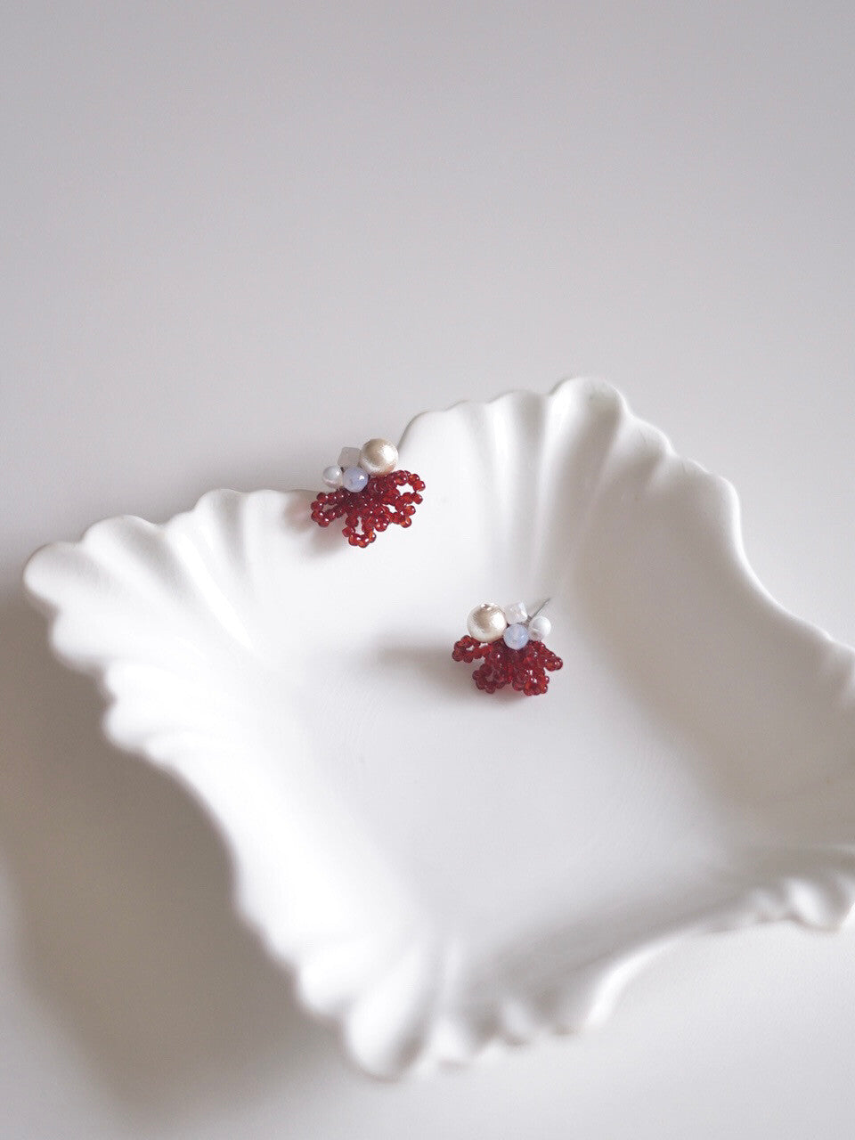 Retro Red Beaded Floral Earrings,Studs,Lumivault.