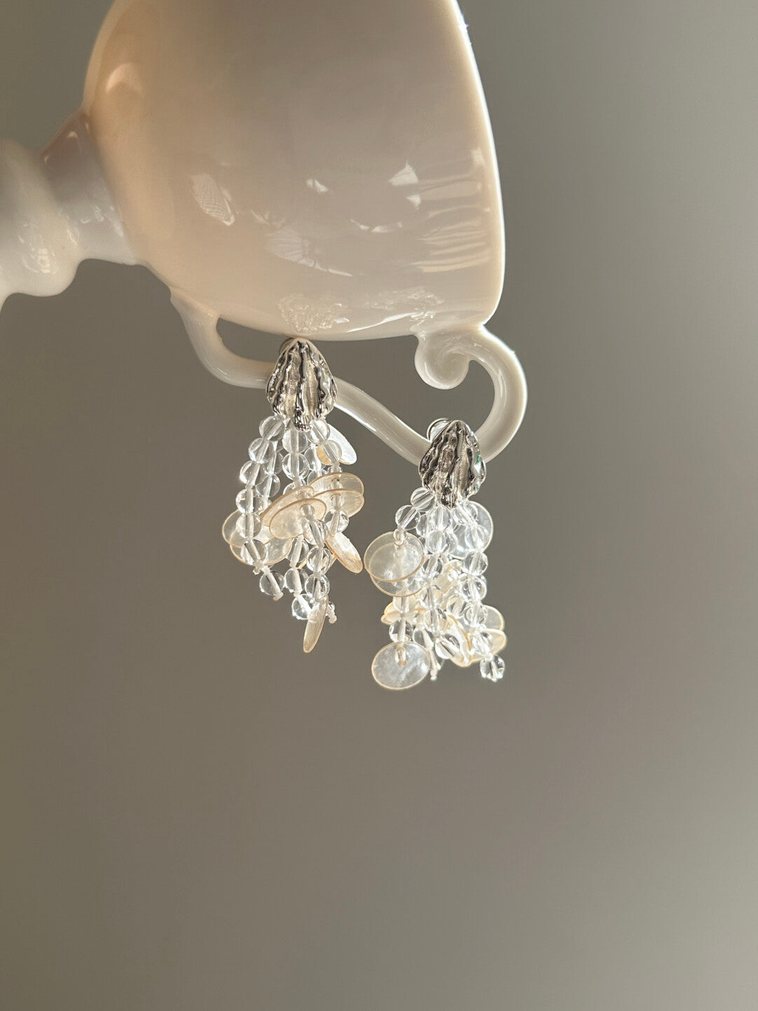 Crystal & Placuna Placenta Tassel Drop Earrings,Lumivault.