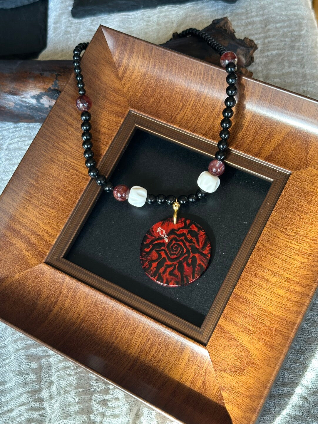 Seven Crows Lacquer Obsidian Deer Bone Necklace