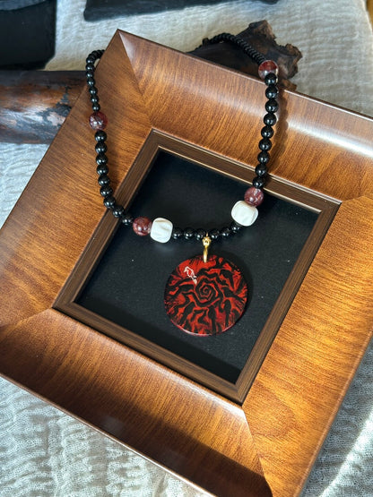 Seven Crows Lacquer Obsidian Deer Bone Necklace