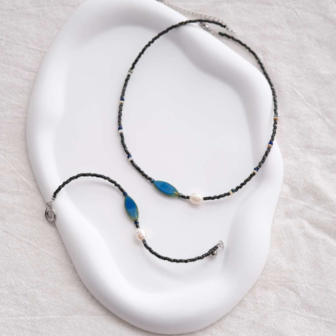 Handmade Deep Blue and Shell Necklace Bracelet,Lumivault.