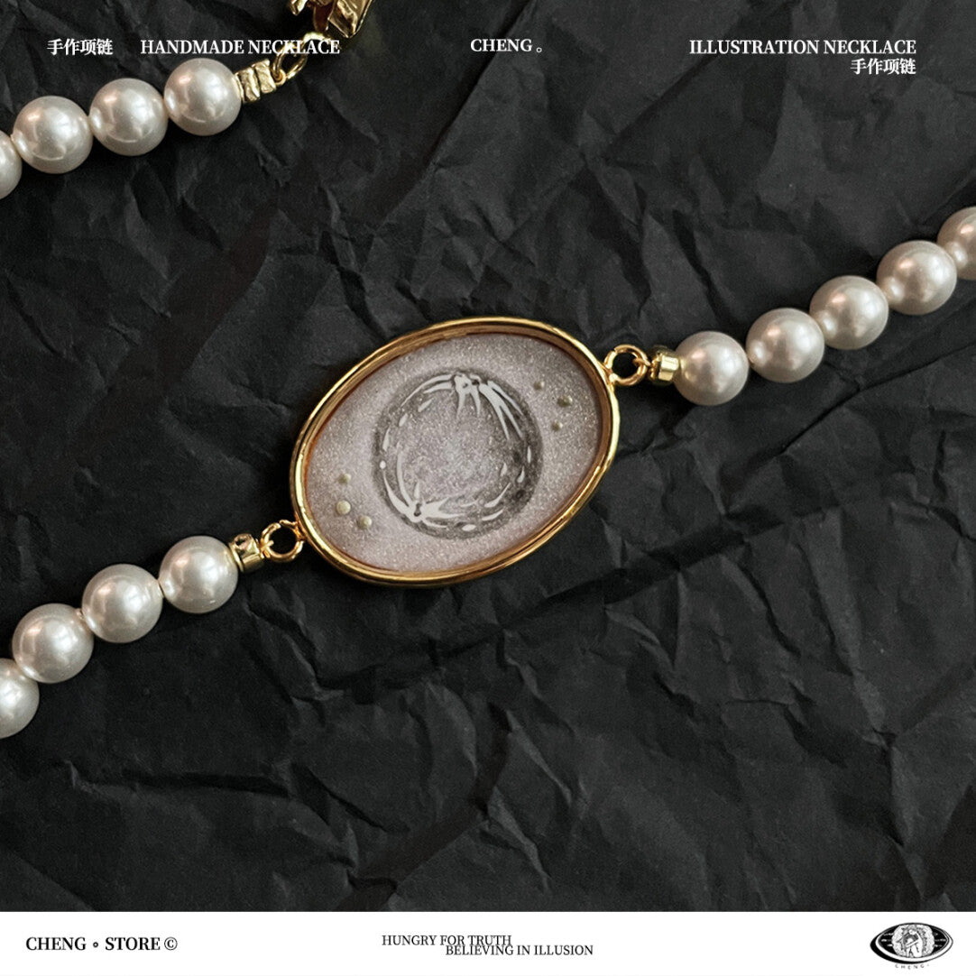 Handmade Ink Painting Elements Pearl Choker