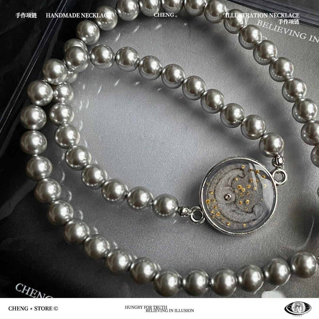 Handmade Ink Painting Elements Pearl Choker