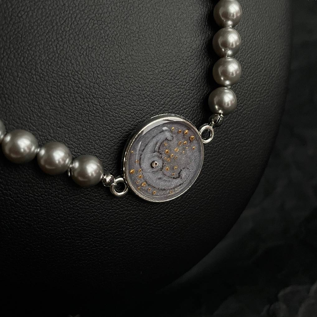 Handmade Ink Painting Elements Pearl Choker,Crescent Moon,Lumivault.