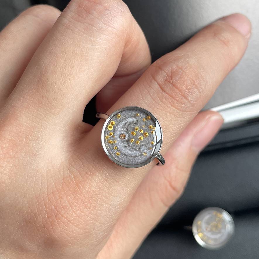 Handmade Ink Painting Elements  Ring,Silver Moonlight (Titanium Steel),Lumivault.