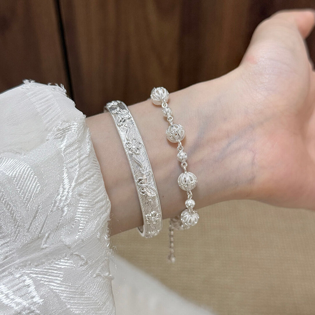Chinoiserie Silver Butterfly Flower Bracelet,Lumivault.