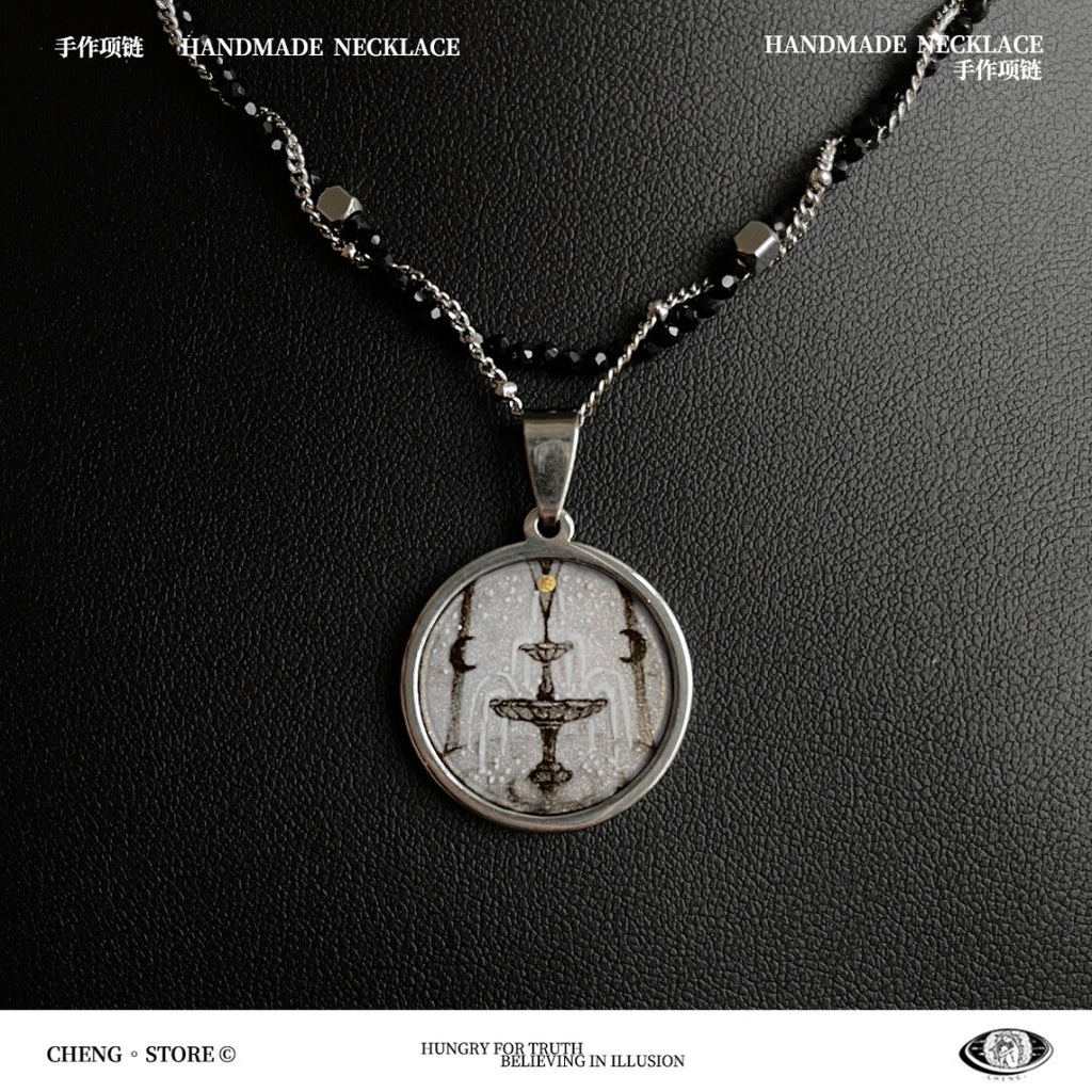 Handmade Painting Elements Double Layered Necklace,Moon Spring (Black),Lumivault.