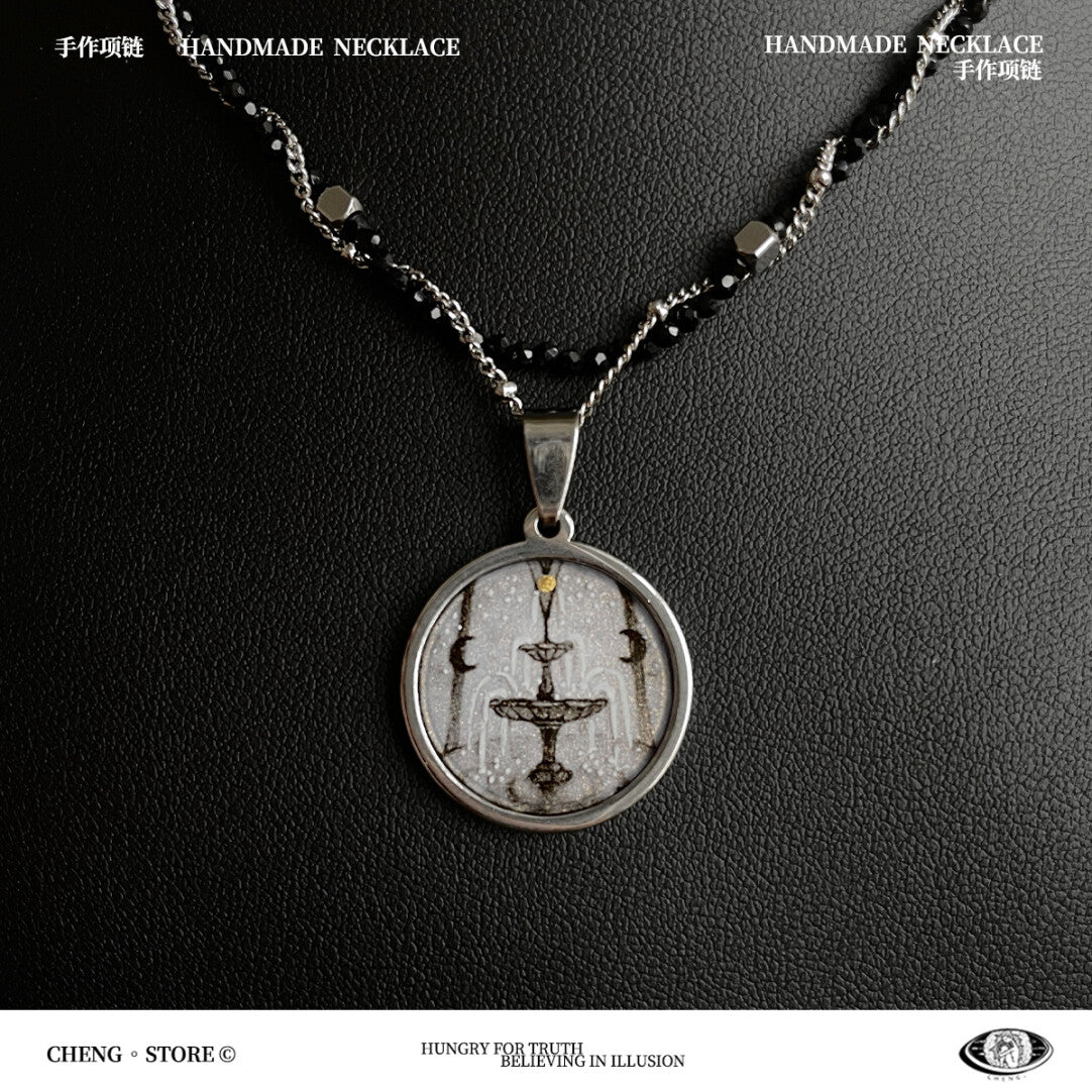 Handmade Painting Elements Double Layered Necklace,Moon Spring (Black),Lumivault.