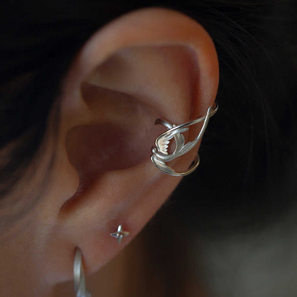 Silver Swallow Single Ear Cuff,Lumivault.