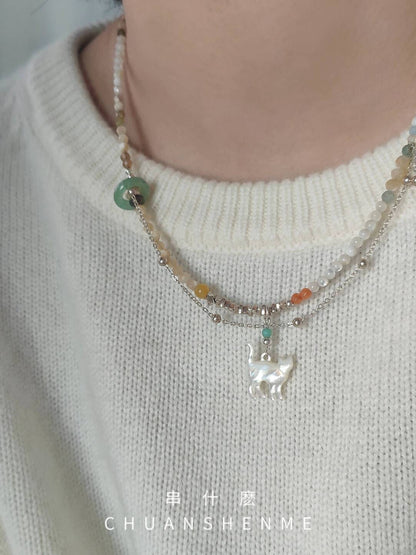 Cosmic Kitten Shell Beaded Silver Necklace,Lumivault.