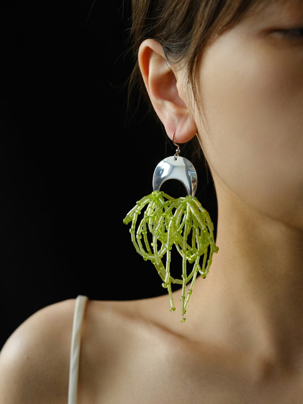Spring Green Tube Beaded Earrings,Hooks,Lumivault.