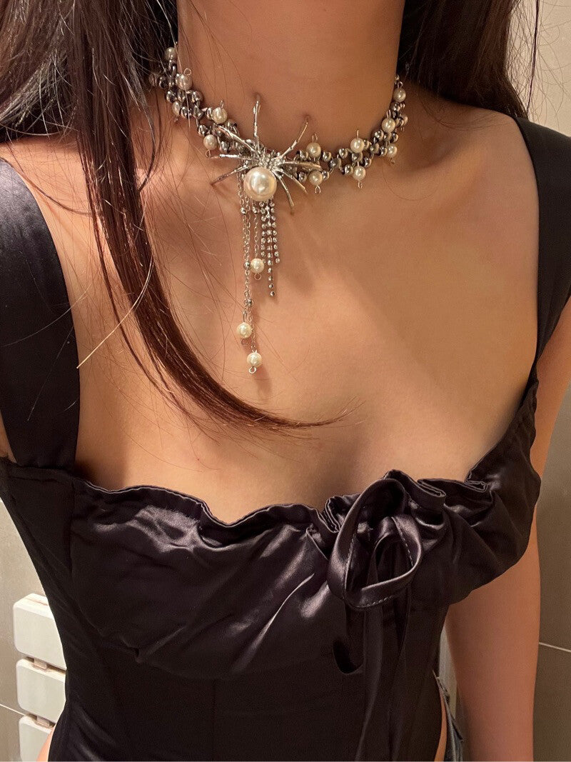 Y2K Pearl Spider Necklace,SIlver White,Lumivault.