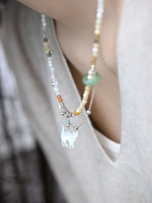 Cosmic Kitten Shell Beaded Silver Necklace,Lumivault.