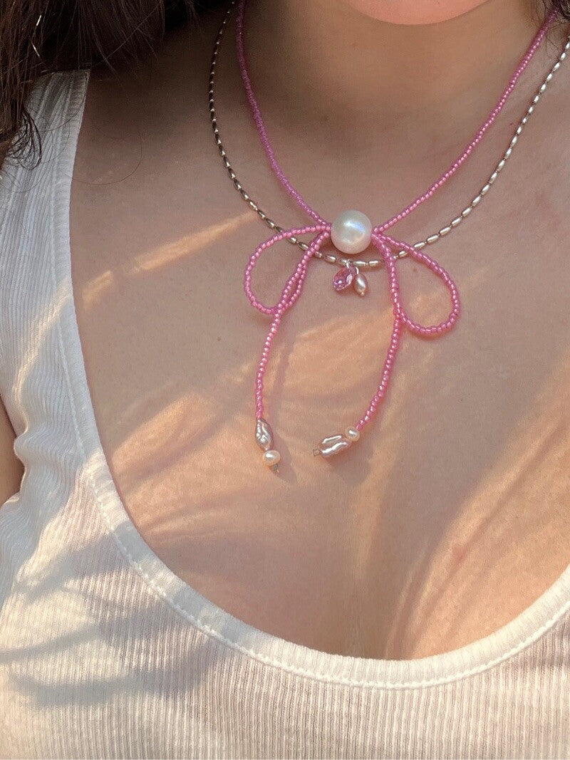 Handmade Edison Pearl Bow Beaded Necklace,Pink / 42cm,Lumivault.