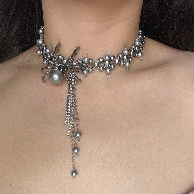 Y2K Pearl Spider Necklace,Black Grey,Lumivault.