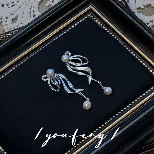 Handmade Bow Satin Pearl Earrings