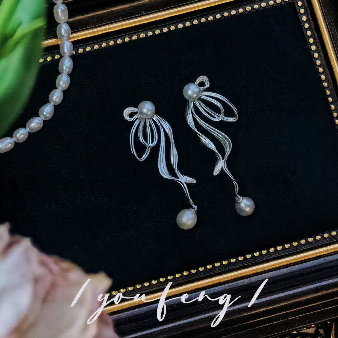 Handmade Bow Satin Pearl Earrings