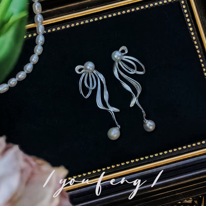 Handmade Bow Satin Pearl Earrings