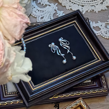 Handmade Bow Satin Pearl Earrings