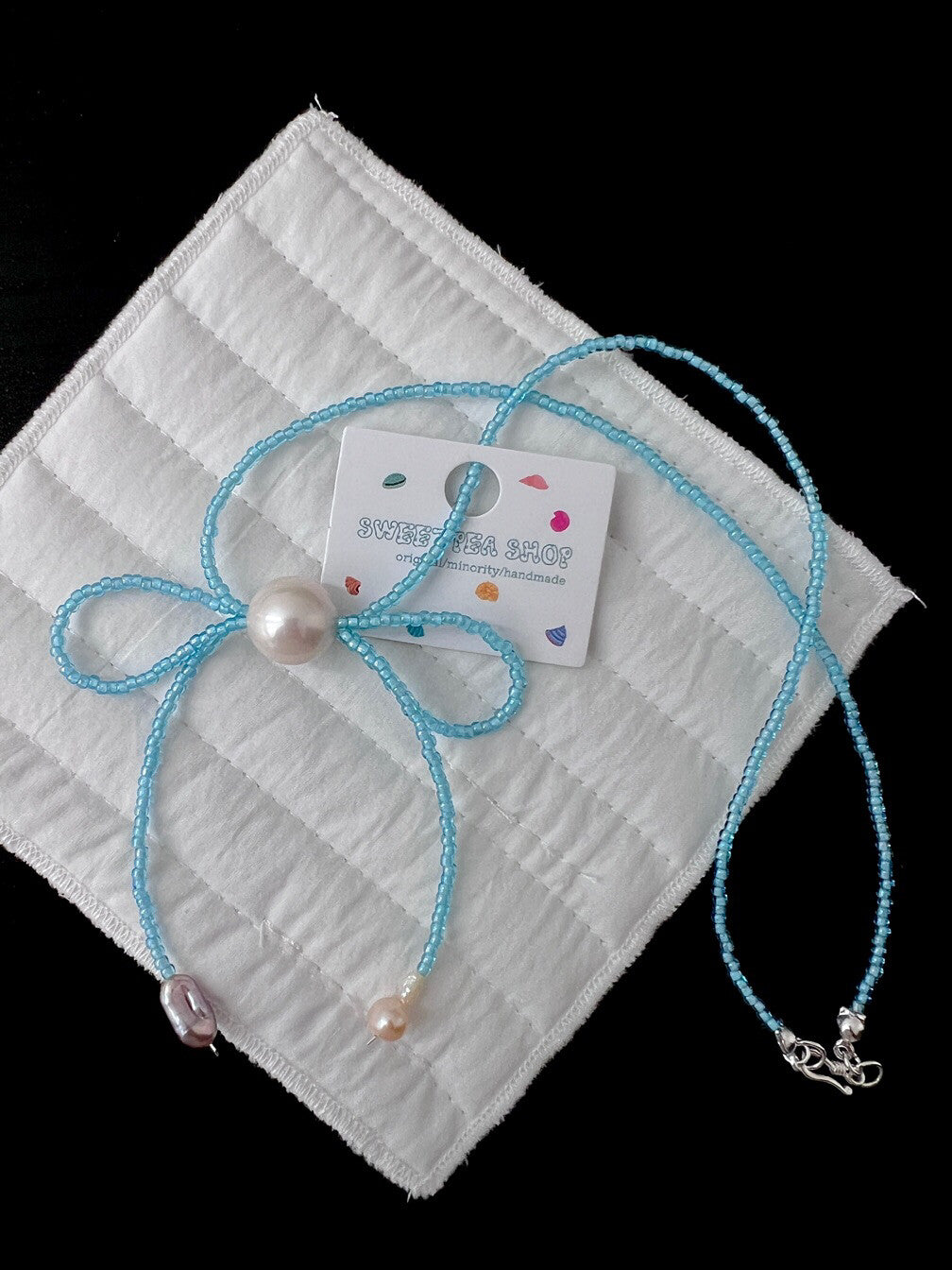 Handmade Edison Pearl Bow Beaded Necklace,Blue / 42cm,Lumivault.