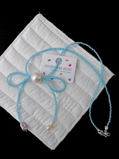 Handmade Edison Pearl Bow Beaded Necklace,Blue / 42cm,Lumivault.