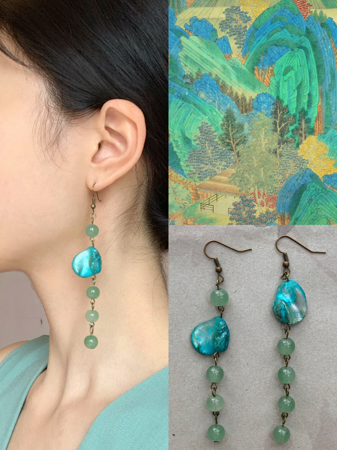 Chinoiserie Green Pearl Oyster Earrings