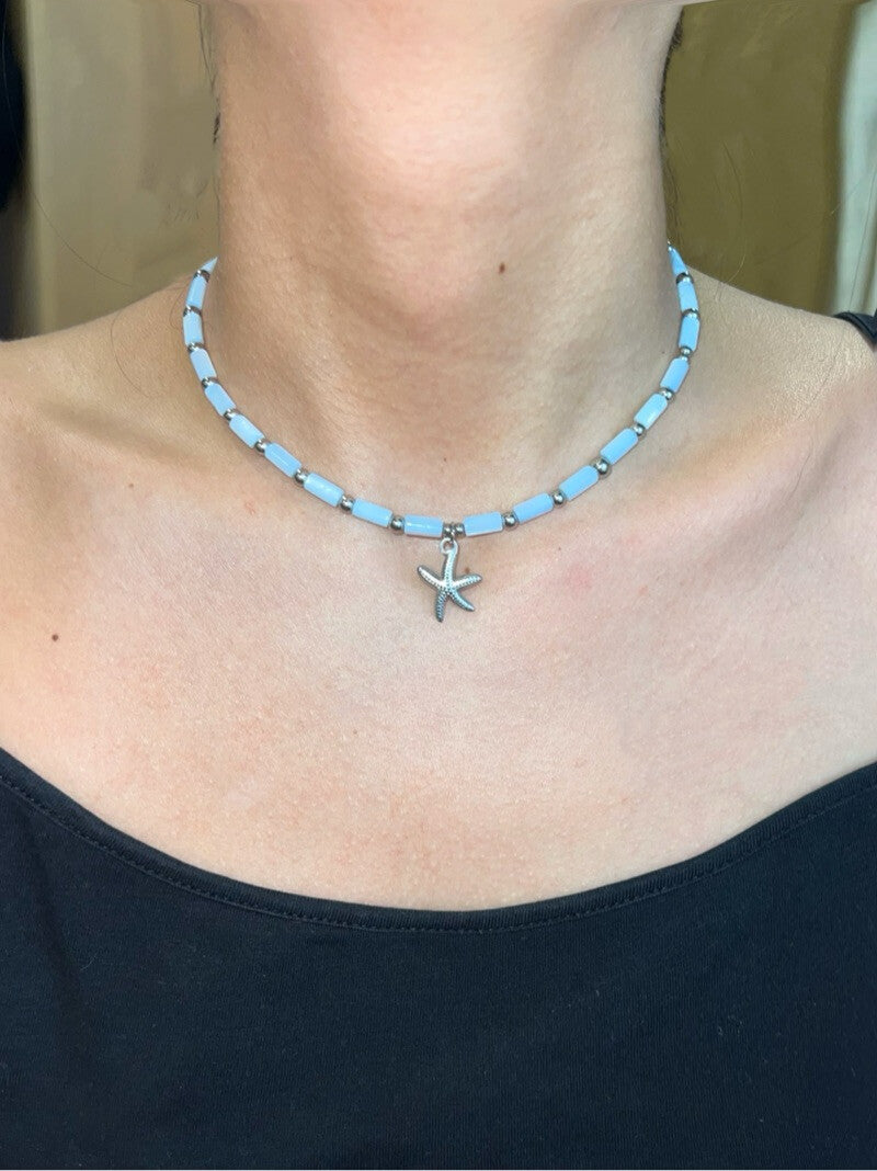 Shell Bead String Titanium Steel Necklace,Light Blue Starfish Bead Necklace,Lumivault.