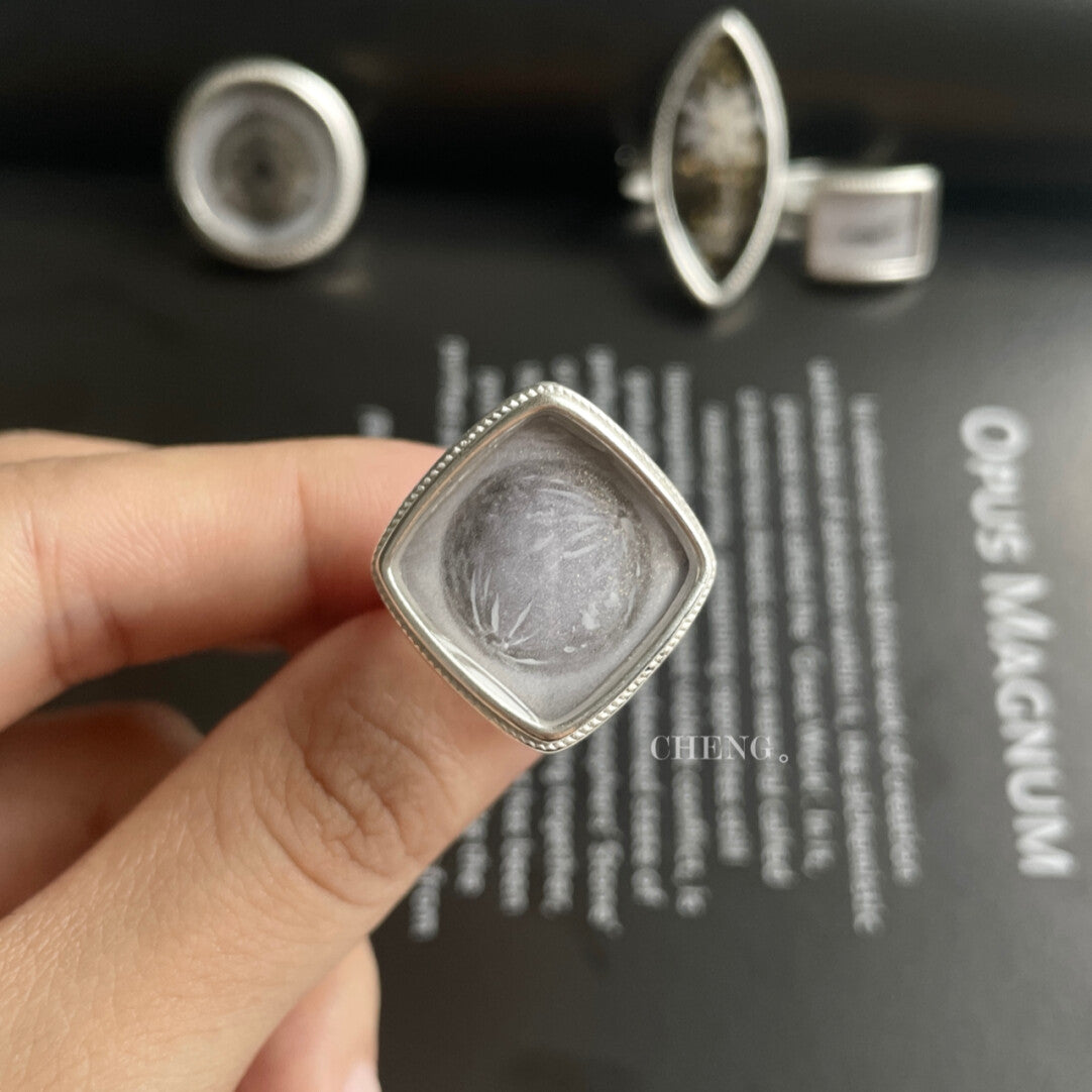 Handmade Ink Painting Elements  Ring,Silver Crescent,Lumivault.