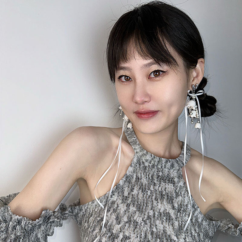Handmade Clay Bellflower Pearl Earrings,Lumivault.