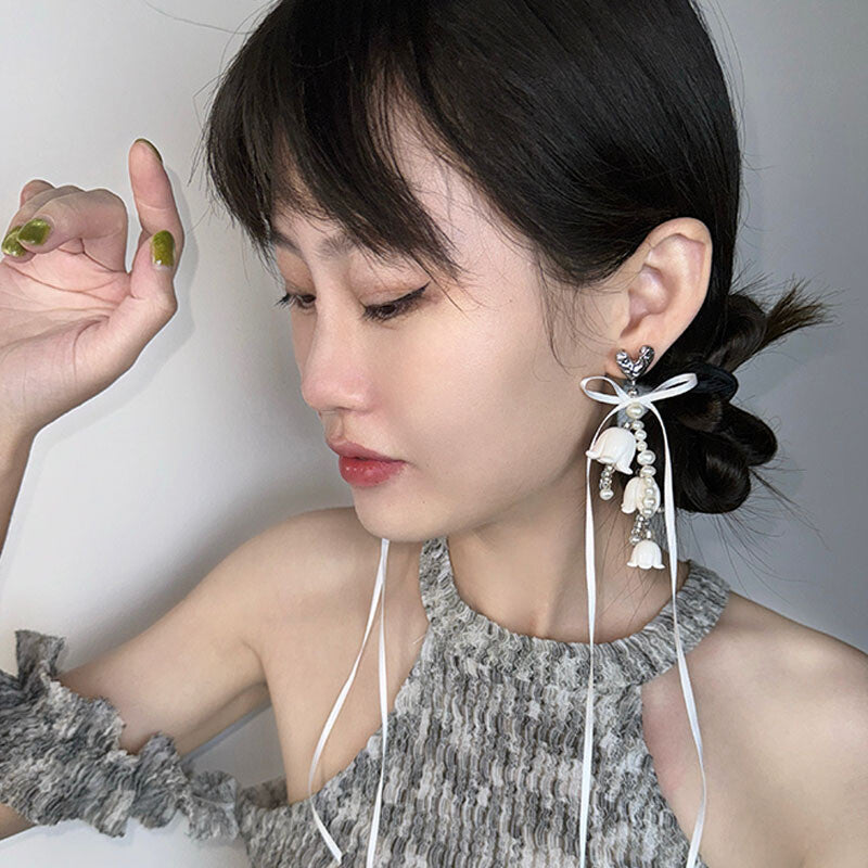 Handmade Clay Bellflower Pearl Earrings,Lumivault.