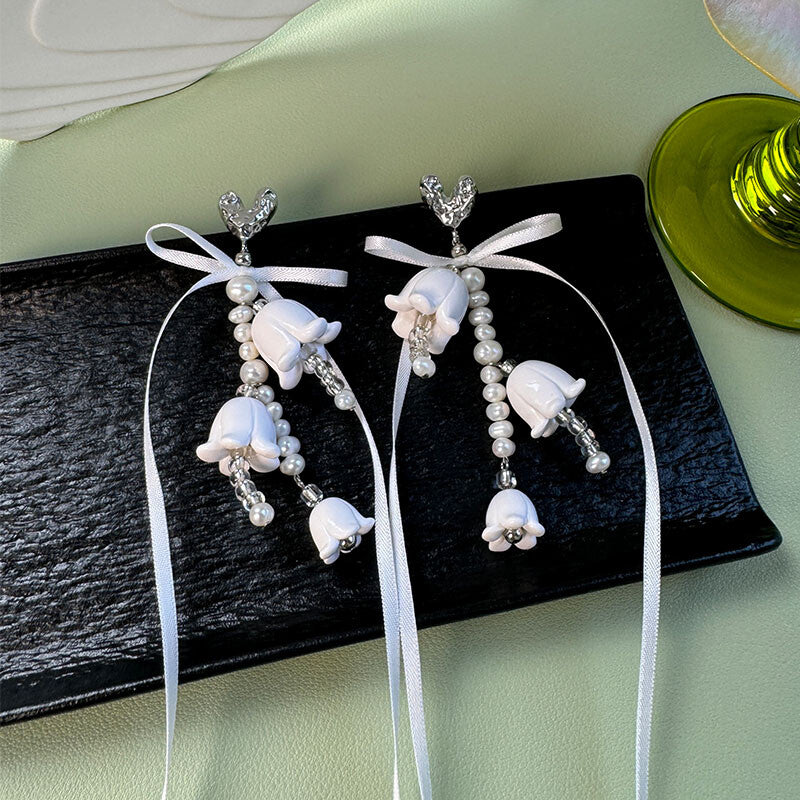 Handmade Clay Bellflower Pearl Earrings,Lumivault.
