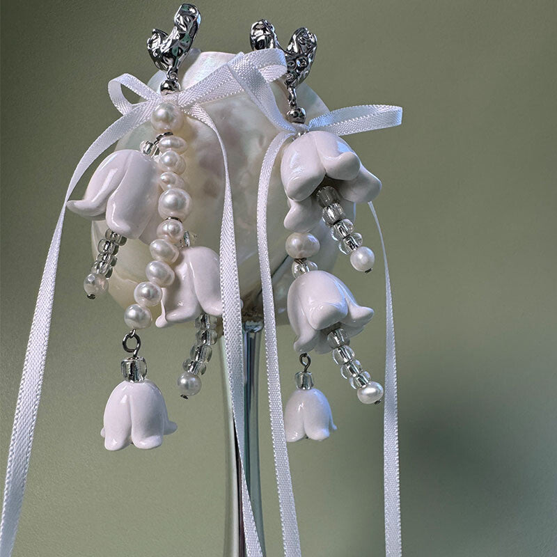 Handmade Clay Bellflower Pearl Earrings,Lumivault.