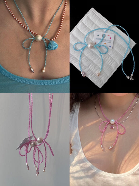 Handmade Edison Pearl Bow Beaded Necklace,Lumivault.