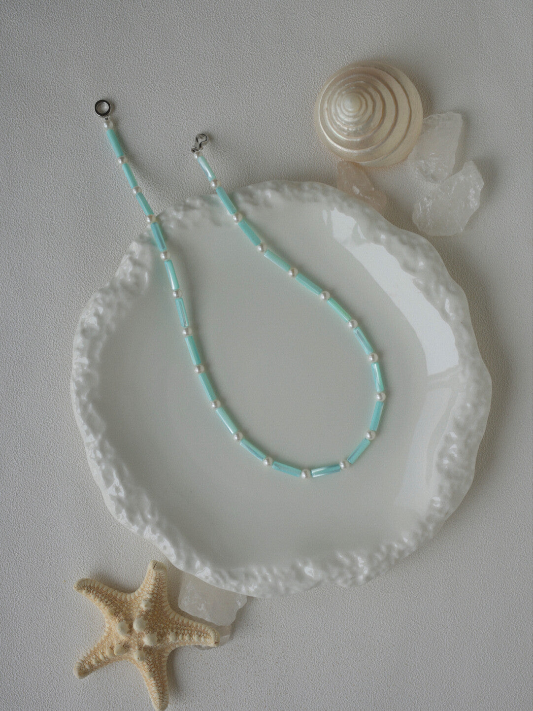 Aquamarine Shell Pearl Beaded Necklace,Lumivault.
