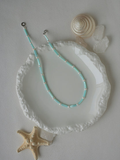 Aquamarine Shell Pearl Beaded Necklace,Lumivault.