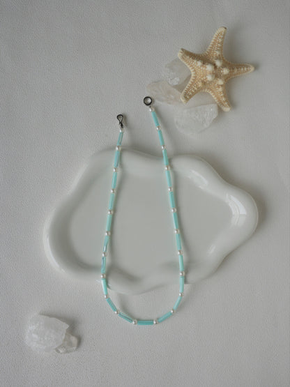 Aquamarine Shell Pearl Beaded Necklace,Lumivault.