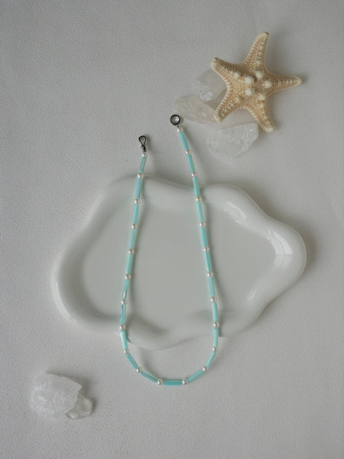 Aquamarine Shell Pearl Beaded Necklace,Lumivault.