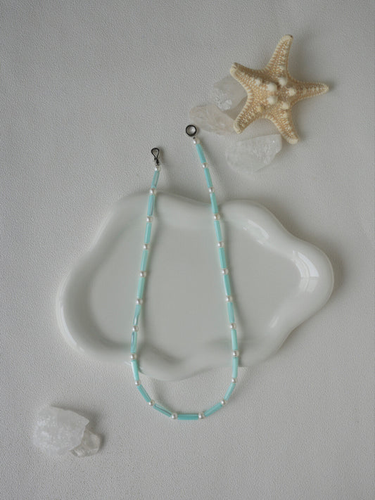 Aquamarine Shell Pearl Beaded Necklace,Lumivault.
