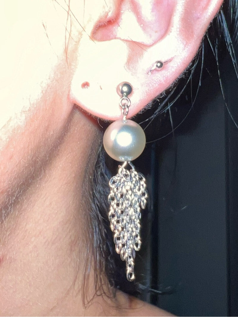 Titanium Steel Glass Pearl Tassel Earrings,A Pair of Earrings,Lumivault.