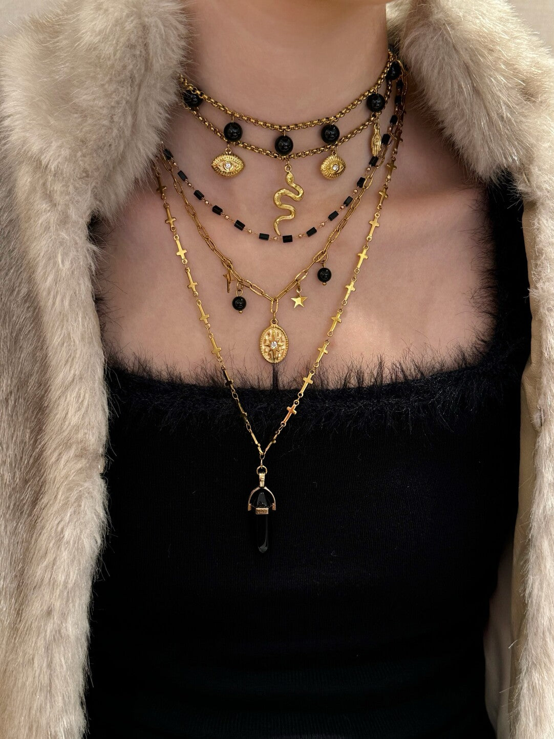 Midnight Sniper Black Gold Snake Layered Necklace,Lumivault.