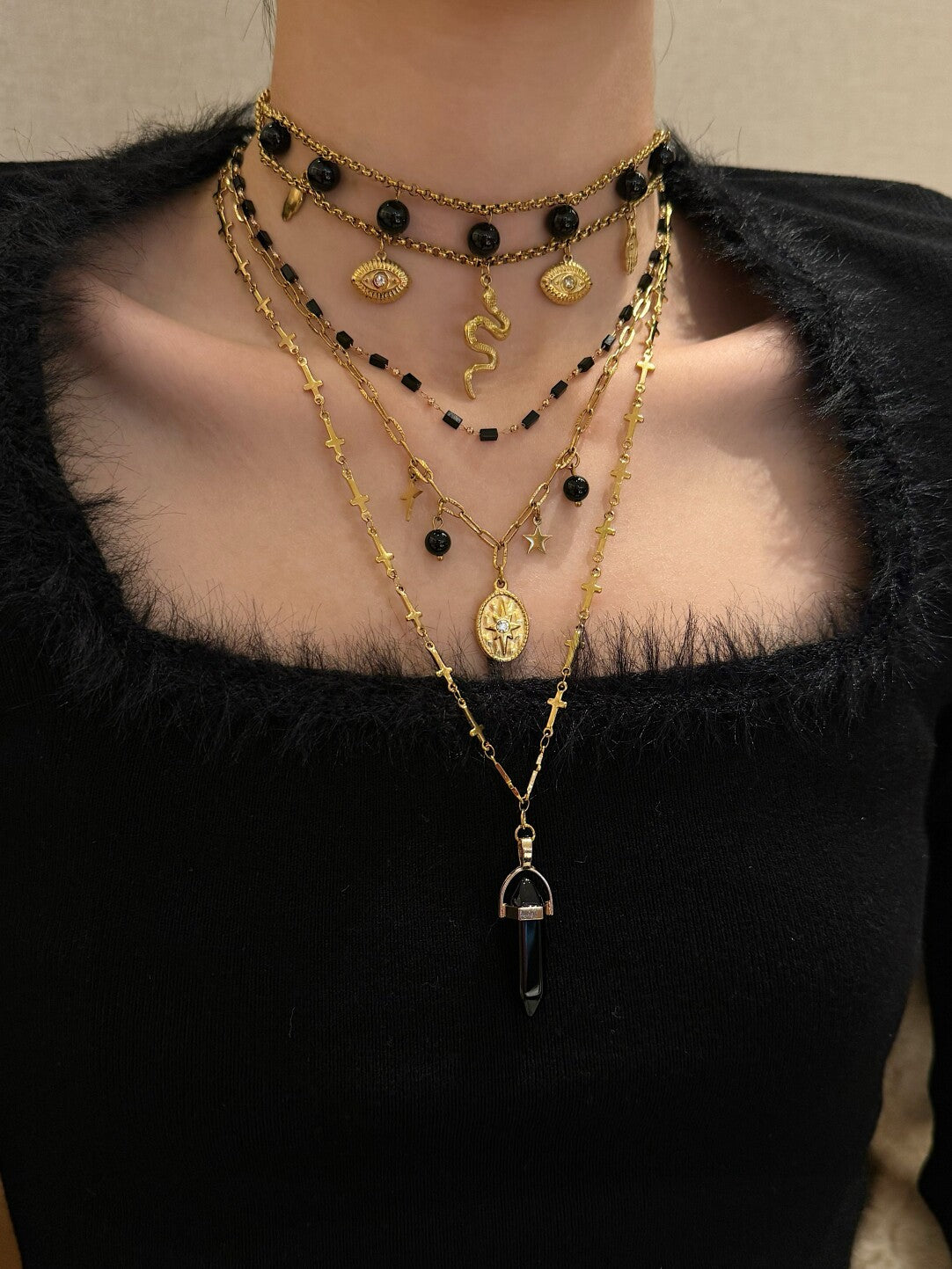 Midnight Sniper Black Gold Snake Layered Necklace,Lumivault.