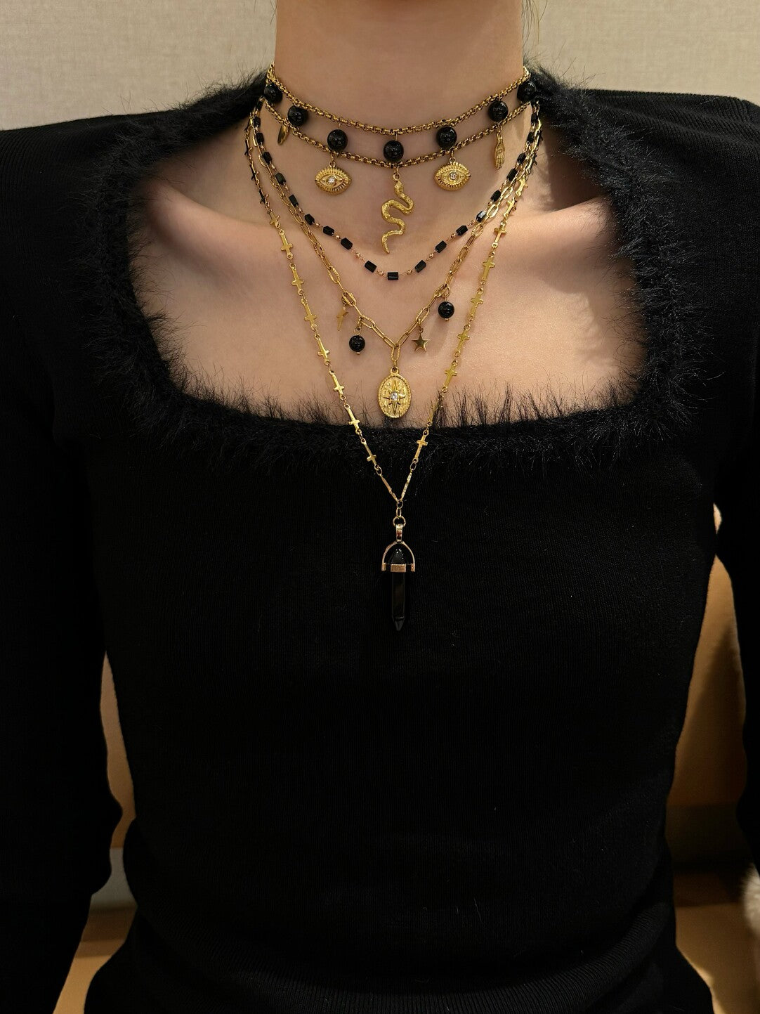 Midnight Sniper Black Gold Snake Layered Necklace,Lumivault.