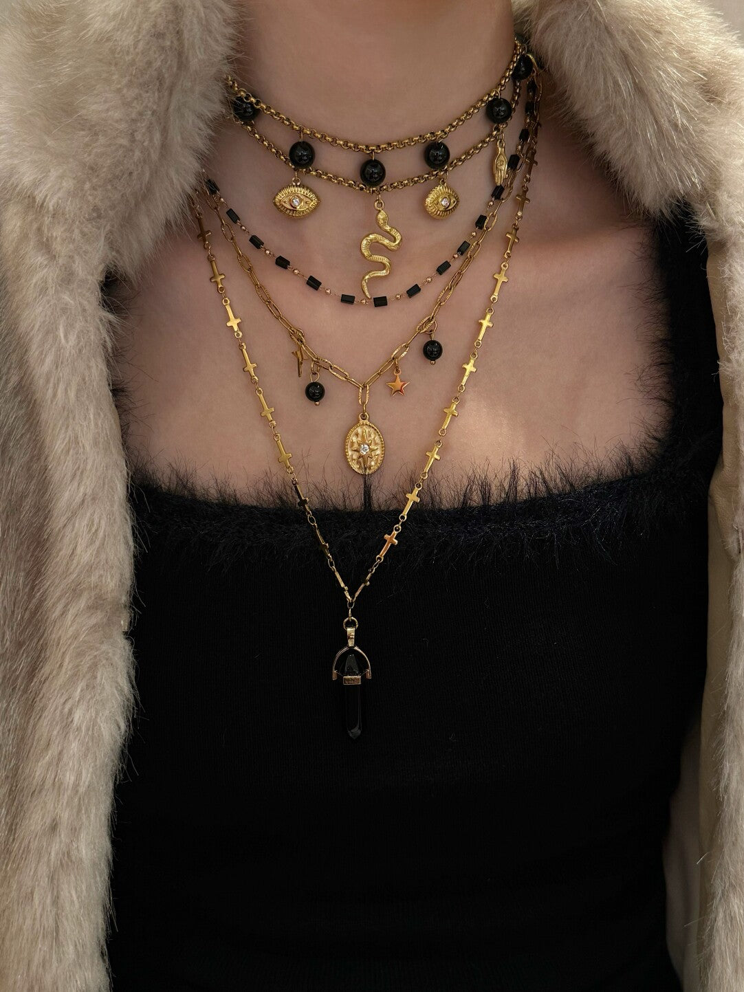 Midnight Sniper Black Gold Snake Layered Necklace,Lumivault.