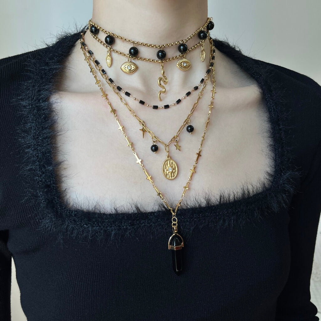 Midnight Sniper Black Gold Snake Layered Necklace,Lumivault.