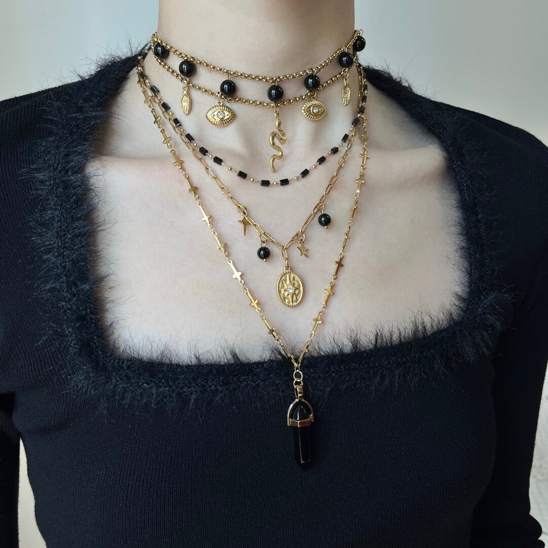Midnight Sniper Black Gold Snake Layered Necklace,Lumivault.