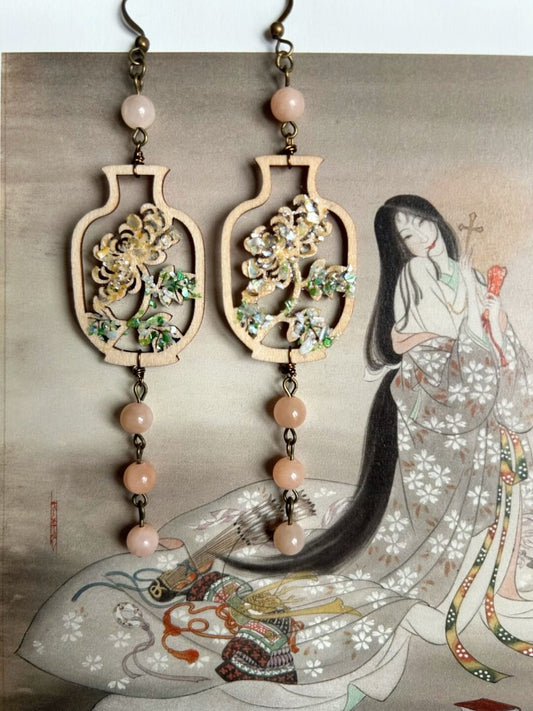 Oriental Aesthetic Wooden Chrysanthemum Earrings