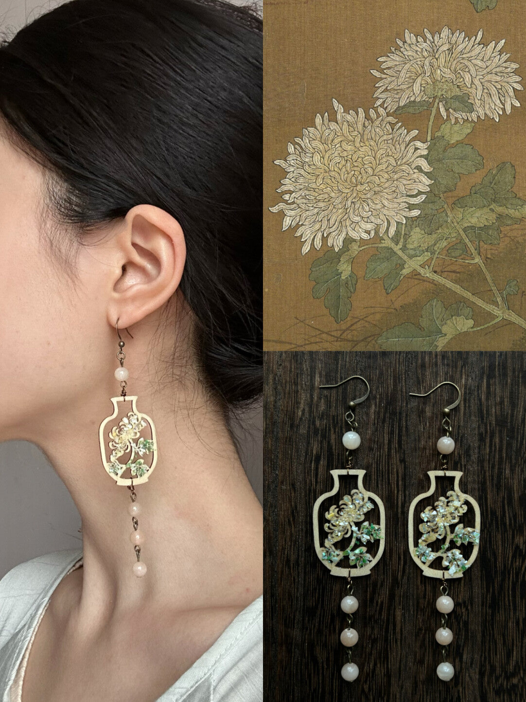 Oriental Aesthetic Wooden Chrysanthemum Earrings,Lumivault.