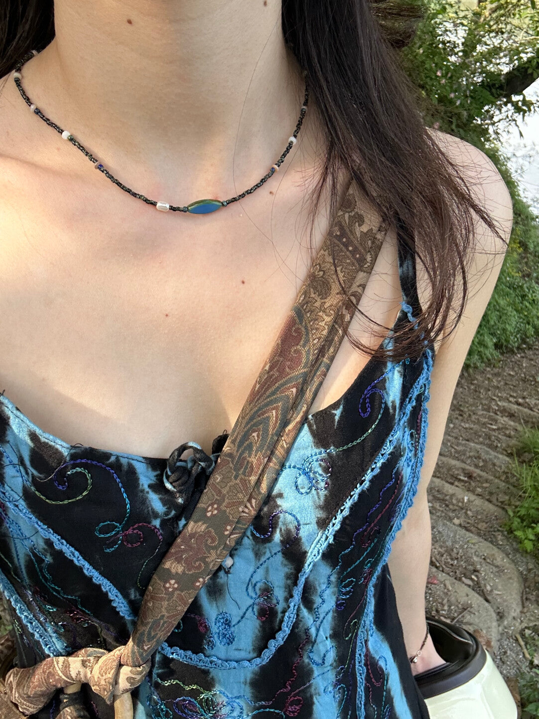 Handmade Deep Blue and Shell Necklace Bracelet,Lumivault.